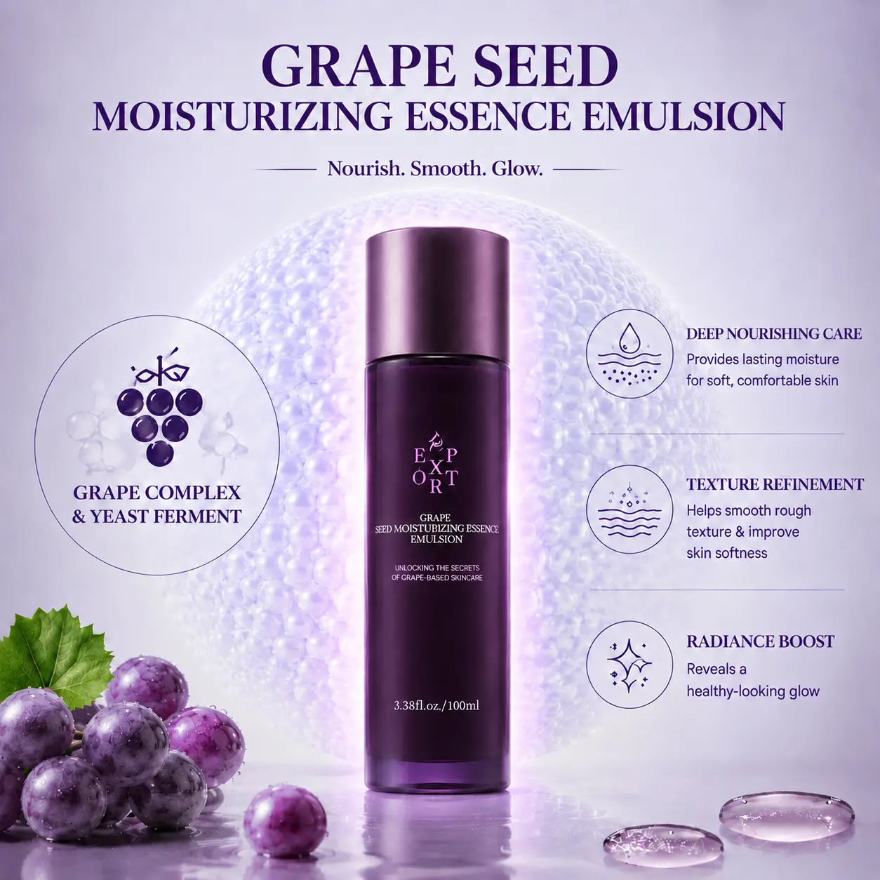 DC EXPORT Grape Seed Moisturizing Essence Emulsion – Antioxidant Firming Emulsion with Grape Complex + Yeast Ferment, Smooths Rough Texture, Refines Skin Texture, Boosts Radiance, Alcohol-Free Formula for Dry & Sensitive Skin (100ml)