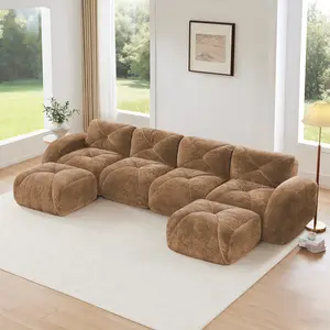 Eyisean 140'' Boneless Couch with Tufted, 32D High Density Sponge, U Shaped Sectional Couches For Living Room, 4 Seater Cloud Couch with Ottoman, Retro Velvet Floor Sofa for Bedroom, No Assembly Required