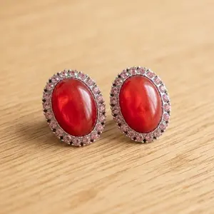 Retro-style exaggerated oval resin red earrings inlaid with colored rhinestones and featuring a sunflower design.