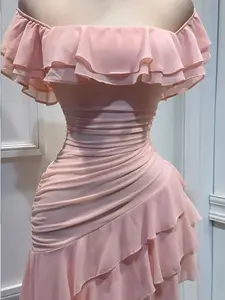 Elegant Ruffle One Shoulder Dress, Irregular Hem Waist Cinching, French Style, Asymmetric Bustier, Slim Fit Long Dress Ll168