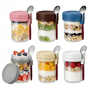 Overnight Oats Containers 6 Pack, 12oz Glass Jars with Lids & Spoons, Wide Mouth Mason Jars Airtight Leakproof for Yogurt, Chia Seeds Meal Prep