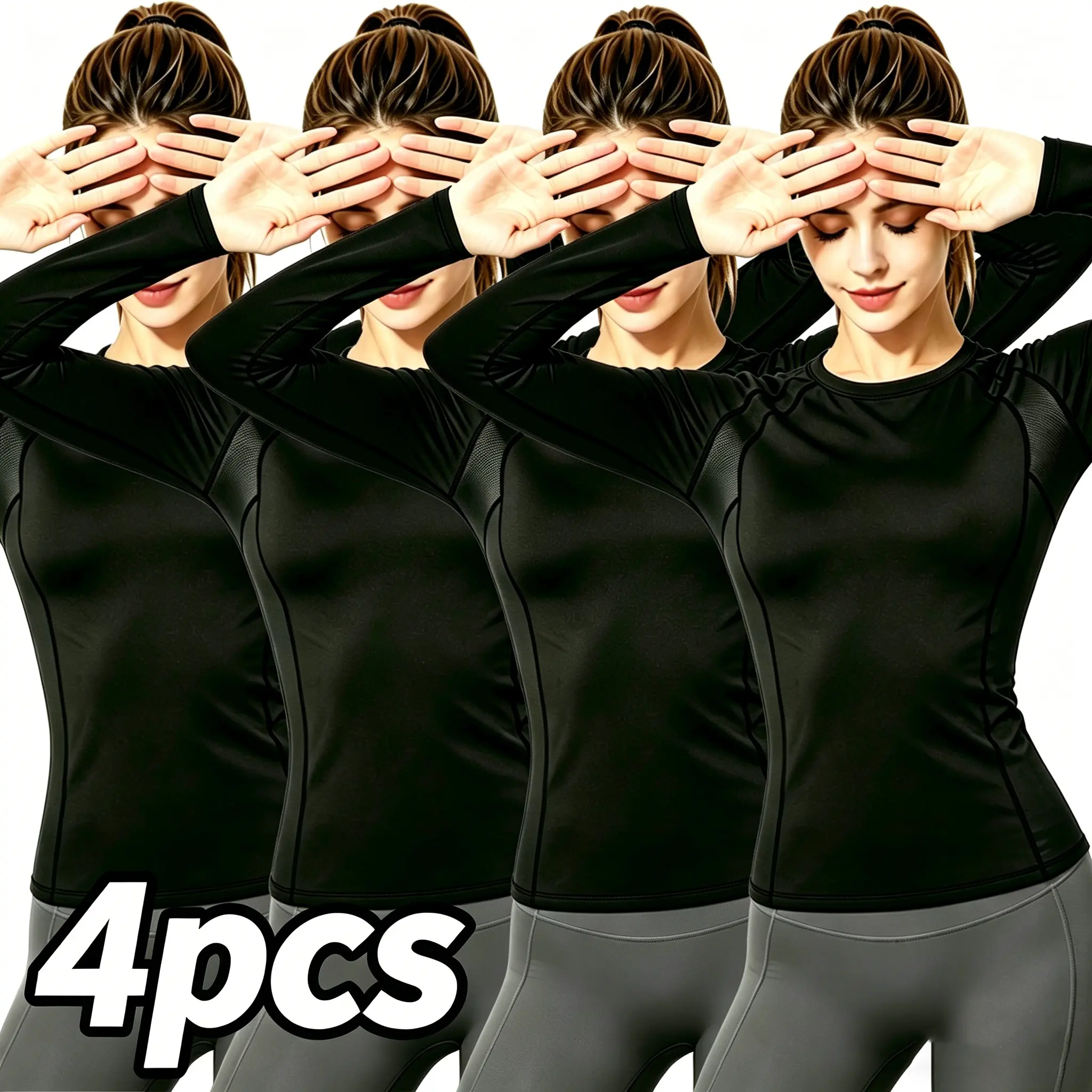HAMTOLU 4 Pack Women's Long Sleeve Compression Shirts, Underarm Breathable, Quick Dry Workout Tops for Women, Breathable Athletic Gym Yoga Running Shirts, Moisture Wicking Sports Base Layer