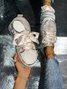 New Water Drill Thick Sole Lace-Up Shoes for Women, Casual Textile Sneakers, All Seasons, Less Than Ankle Height, Rubber Sole