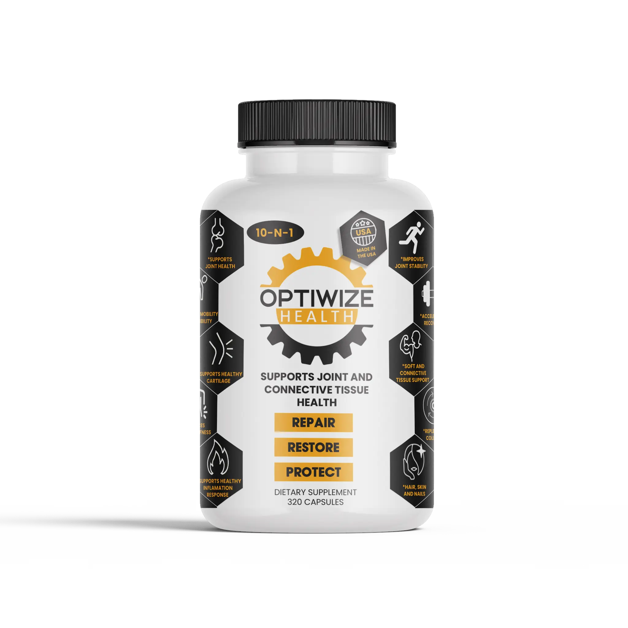 OptiWize 10-N-1 Joint Support Supplement with Glucosamine, Chondroitin, MSM, Hyaluronic Acid, Omega-3 & Vitamin C for Men & Women Made in USA 320 Capsules - Healthy Fitness Dietary