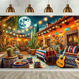 1pc 2D Flat Cultural Fiesta, Festive Mexican Courtyard Night Scene Backdrop Banner - ft Polyester Wall Decor, Vibrant Tiled Patio with Cacti and Serape Tablecloth, Ideal for Living Room, Bedroom, Office, Outdoor