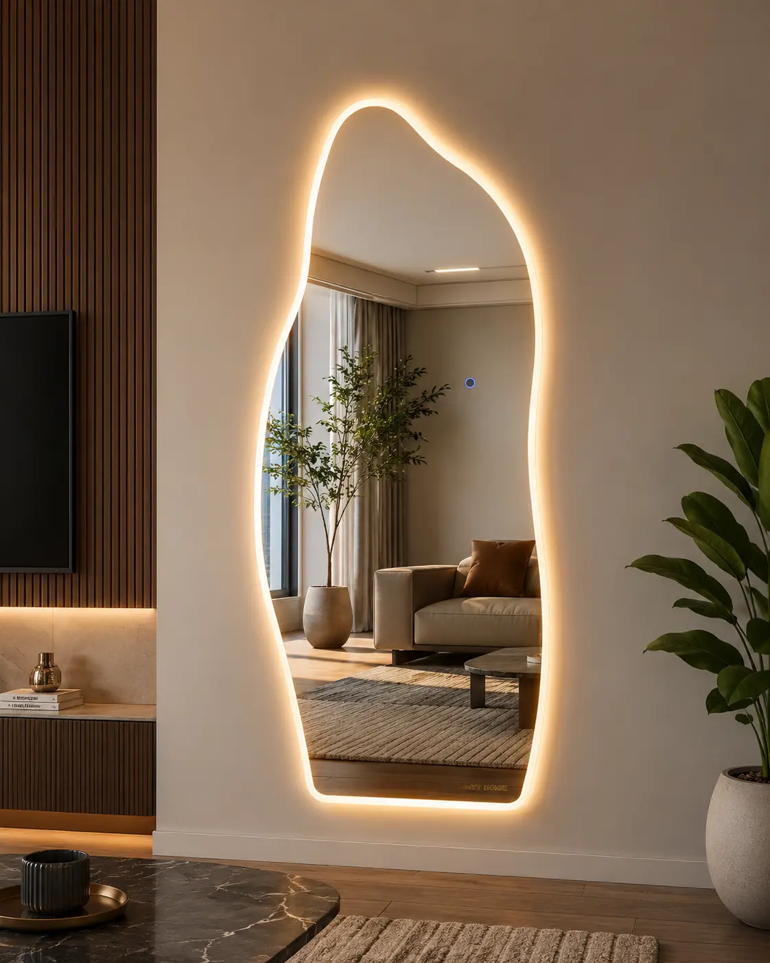 65"x25" LED Full Length Reflective Mirror - Designer Irregular Asymmetric Frameless Wall-Mounted Lighted Tempered Glass Mirror with 3 Color Lighting, Touch Control, Stepless Dimming for Bedroom, Closet (Home Decor, Room Decor), Smooth
