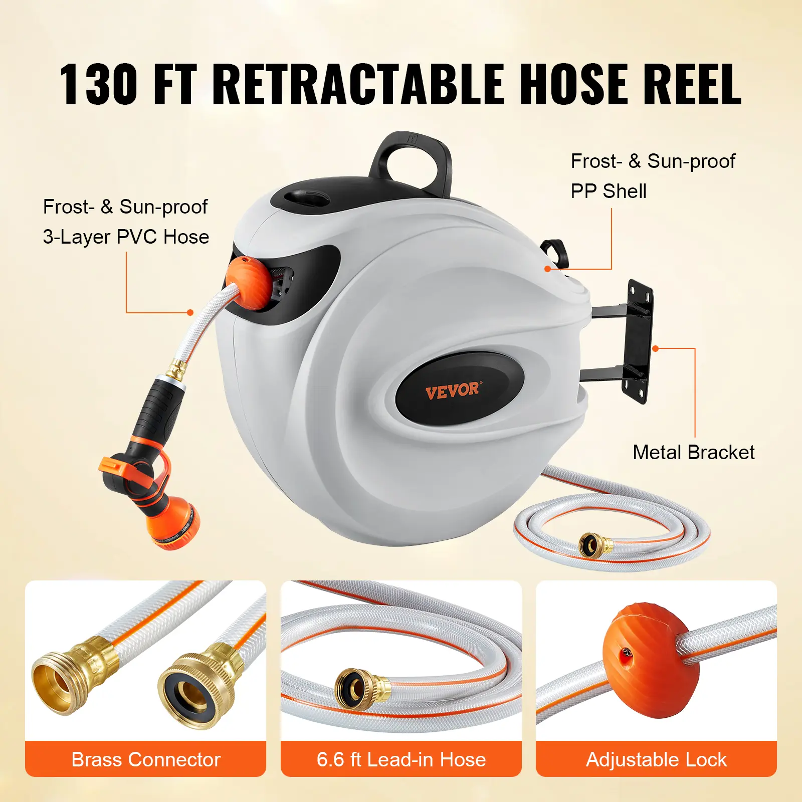【summerfinds】VEVOR Retractable Hose Reel, 130 ft x 1/2 inch, 180° Swivel Bracket Wall-Mounted, Garden Water Hose Reel with 9-Pattern Nozzle, Automatic Rewind, Lock at Any Length, and Slow Return System, Water Hose Retractable, Automatic Watering Reels