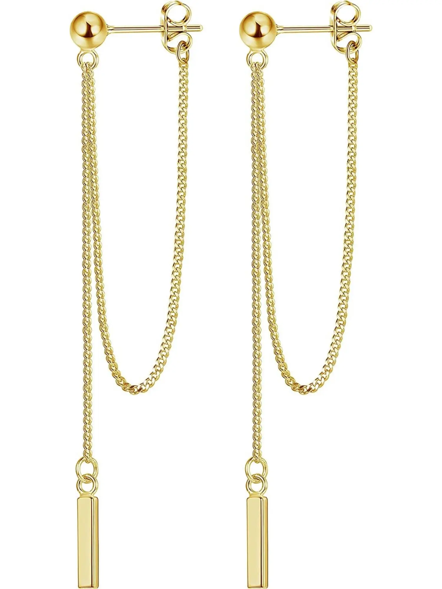 2 Pcs 925 Sterling Silver Chain Earrings 14K Gold Plated Bar Drop Dangle Earrings with Chain Hypoallergenic Threader Chain Stud Earrings for Women Girls Fashion Earrings