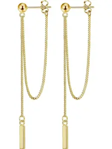 2 Pcs 925 Sterling Silver Chain Earrings 14K Gold Plated Bar Drop Dangle Earrings with Chain Hypoallergenic Threader Chain Stud Earrings for Women Girls Fashion Earrings