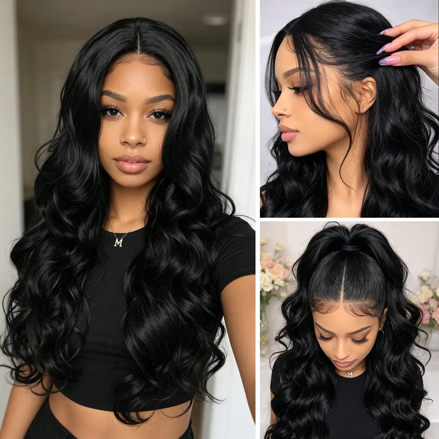 Long Black Body Wave Lace Front Wig 32 Inch, HD Middle Part Transparent Lace Wigs, Synthetic Wigs for Women Daily Party Use