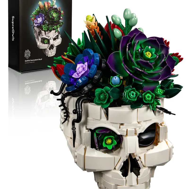 Supreowls Horror Gothic Art Dark Romance Succulent Skull Flower Building Blocks Set, Adult Botanical Bricks Kit with Math-Geometric Look, Animals and Nature Theme, Quirky Valentine's Day Gift, Home Table Decor
