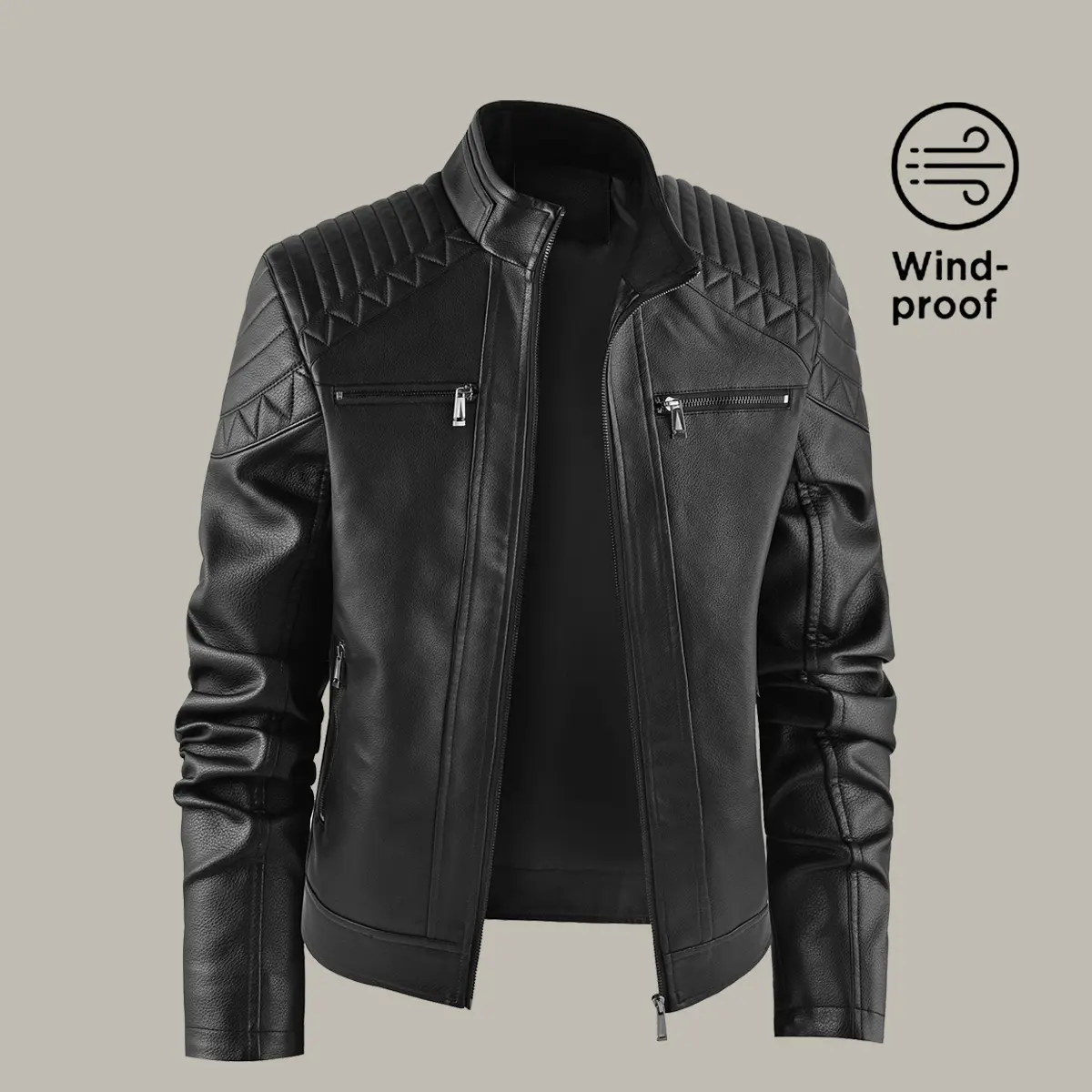 Men's Windproof Leather Pilot Motorcycle Coat - Long Sleeve, Plain, Blocks Wind Chill, Zipper Closure, Multi-Functional Sports Outerwear, Casual Trendy Menswear (Beige), Coats