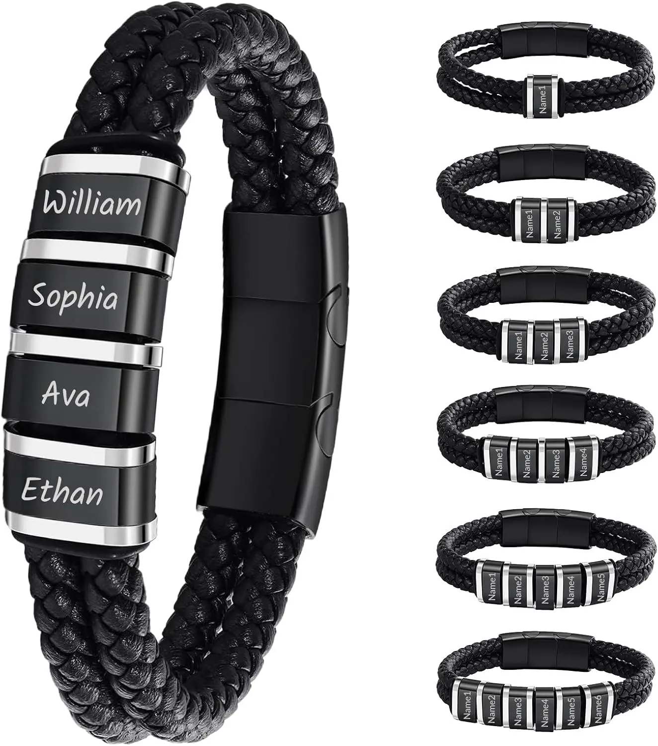 Custom Name Bracelet with 1-6 Names Personalized Braided Leather engraved Bracelets for Men Gifts for Christmas Valentines Day Fathers Day Birthday Anniversary Boyfriend Grandpa
