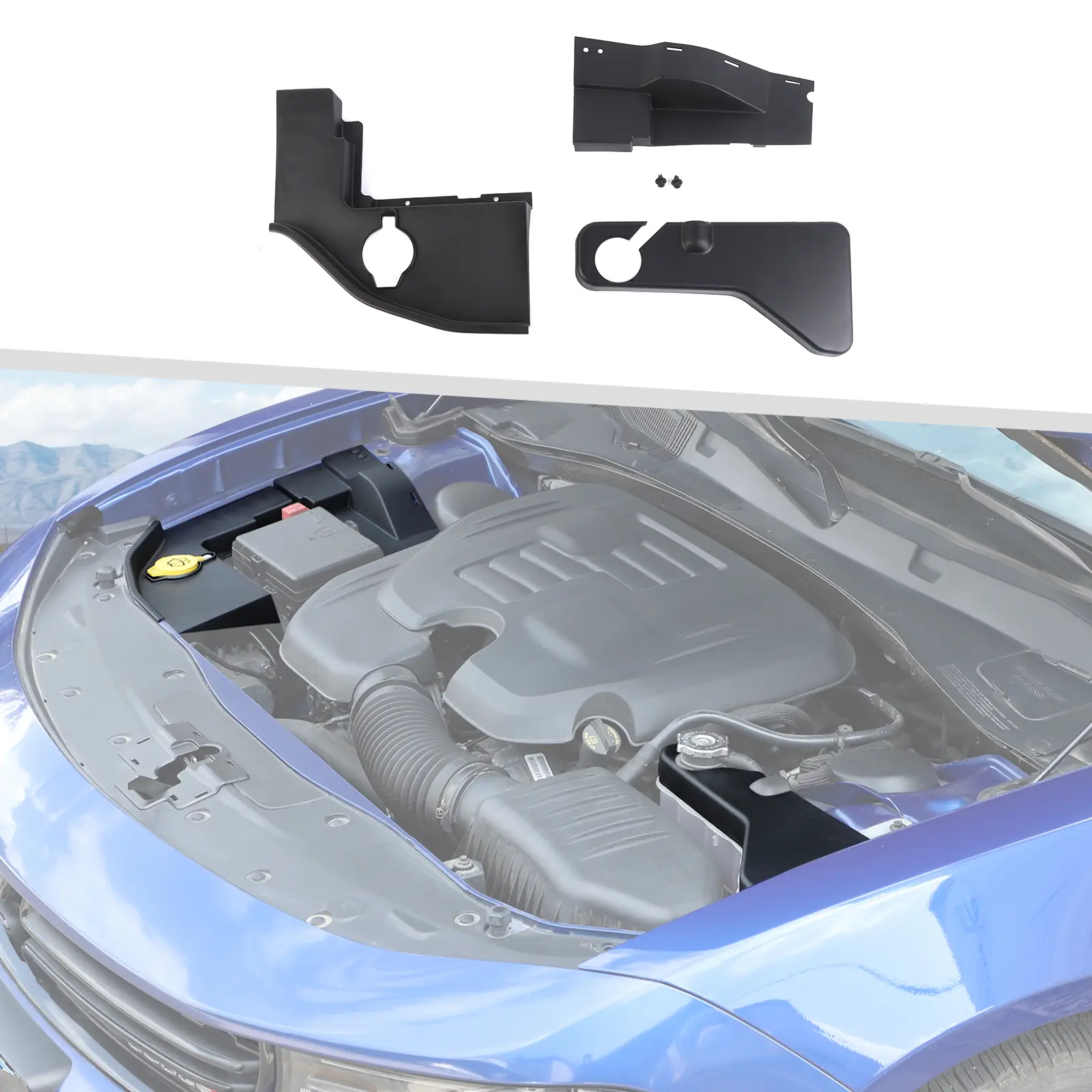 3-Piece (3-Item/Set) ABS Plastic Engine Hood Side Dust Cover Kit for 2015+ Dodge Challenger - Laser Cut Fit, UV Resistant, Scratch Guard, Easy DIY Installation, Double-Sided Adhesive Car Exterior Accessory & Decoration, Car Exterior Decoration