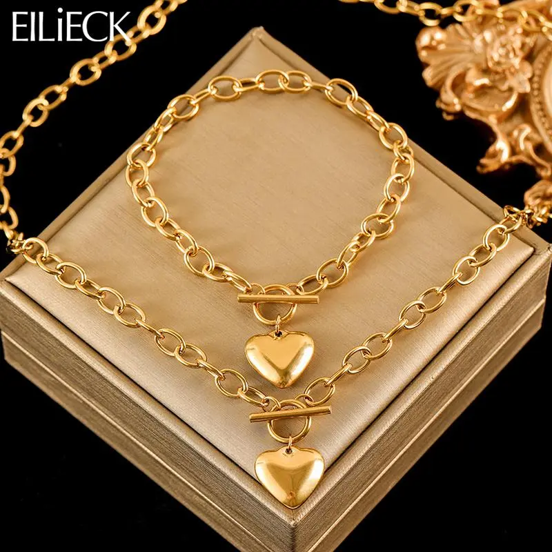 EILIECK 316L Stainless Steel Gold Color Heart Love Necklace Bracelets Set For Women New Trendy OT Buckle Waterproof Jewelry Set