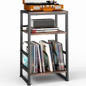 3-Tier Vinyl Record Player Stand, End Table for Album Storage, 28" H Record Player Stand with Storage Up to 120 Albums, Side Table for Living Room Bedroom (Rustic Brown)