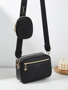 1 Set Unisex Fashion V-Shaped Quilted PU Leather Crossbody Shoulder Bag with Small Wallet, Casual Solid Color Geometric-Pattern Square Zipper Bag with Adjustable Strap