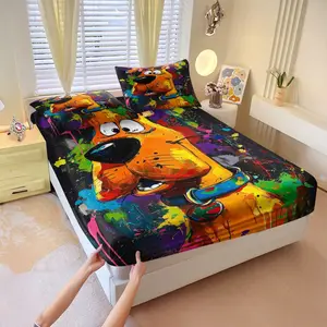 Graffiti-style Scooby-Doo printed 3 Pcs fitted sheet set, Decorative bedsheet sets, with 2 coreless pillowcases, strong wrapping, lively colors, vivid print, artistic design, nostalgic fun style, soft comfortable, a great gift or treat for yourself