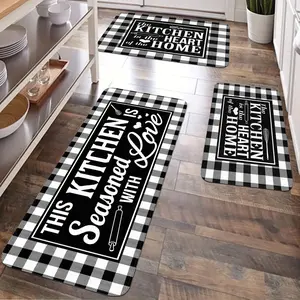JIT 2/3pcs Kitchen flannel Black and white checkered letter decorative carpet, Decorative rug, Kitchen carpet set, flannel bedside set floor mat anti-slip washable soft carpet, suitable for kitchen floor running mat carpet