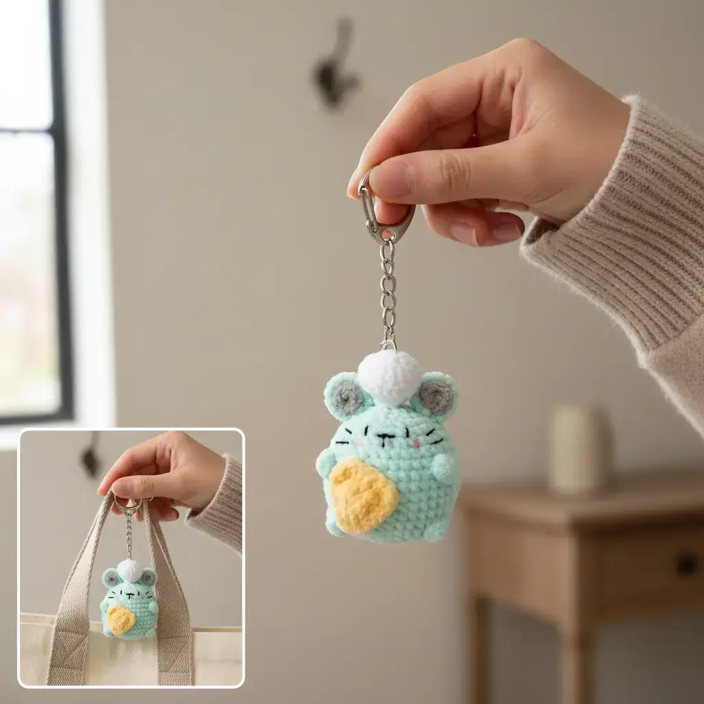 Handmade Crochet Mouse Keychain, Cute Cheese Lover Plushie, Woven Bag Charm, Soft Yarn Animal, Gift for Her/Him