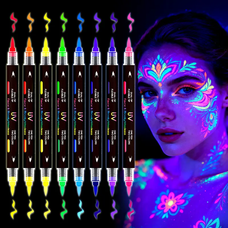 Glow in The Dark Face Paint Markers 8Pack 16 Colors, Black Light Neon Body Paint Pens for Skin, Washable UV Facepaint Temporary Tattoo for Birthday Glow Party Supplies Halloween Makeup Easter Basket Stuffers