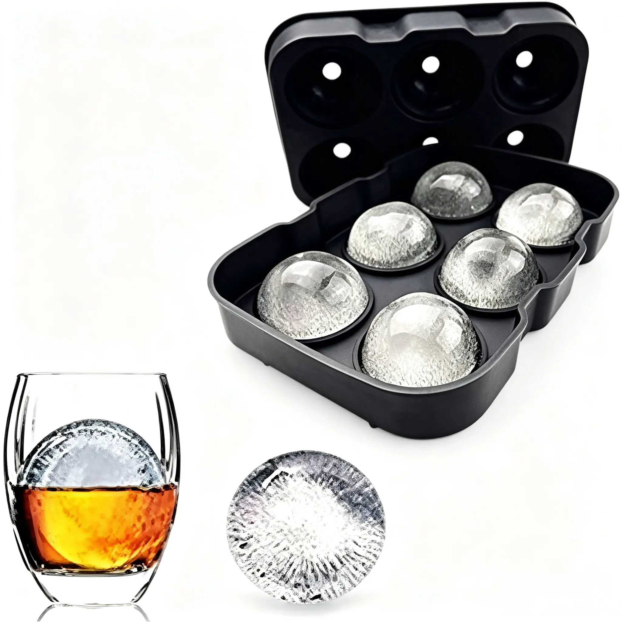 Set of 6 Silicone Round Ice Ball Mold With Funnel, Easy Release Circular Ice Cube Tray For Freezer, Large Round Ice Balls For Whiskey, Bourbon & Summer Cocktails