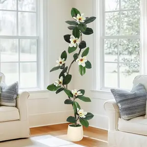 5FT/6FT/7FT Rubber Tree  Artificial Tree In White Planter Pot,Faux Plants Indoor Faux Floor Plant Artificial Plants with 8 Pcs Magnolia Flowers for Home Decor Decorative Fruit