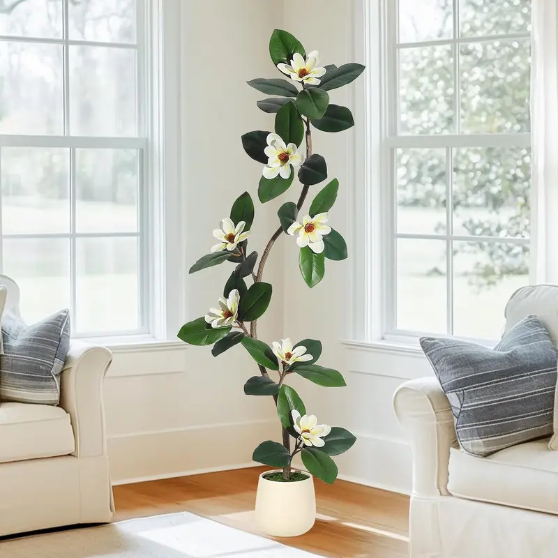 Lifelike Artificial Rubber Tree (5FT-6FT-7FT) - Disassemblable Indoor Floor Decor, Fake Plant Decoration with 8 Magnolia Flowers & Moss in White Planter Pot, Living Room Decorations Home Accessory