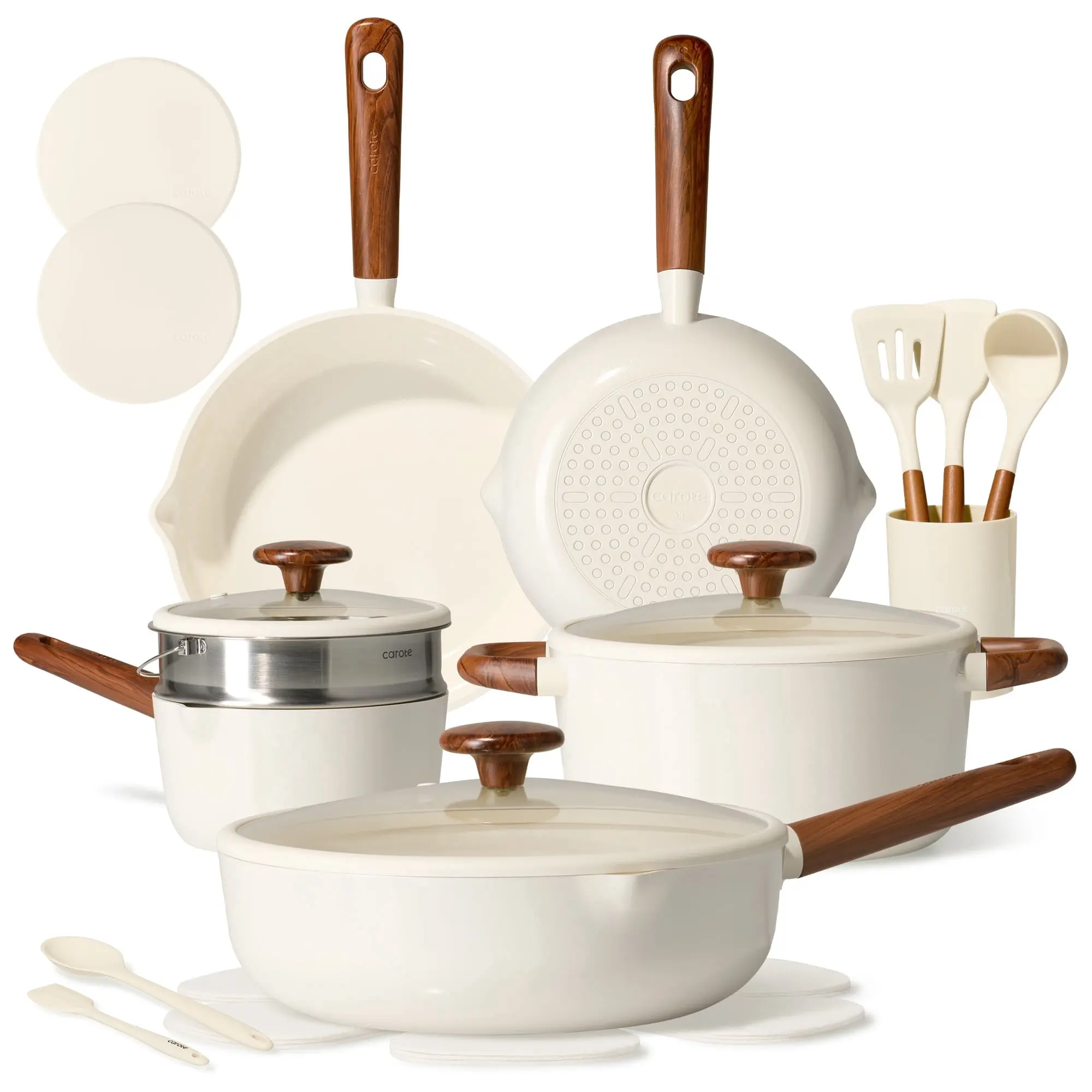 CAROTE 21-Piece Ceramic Nonstick Cookware Set - Induction Compatible Pots, Pans, and Steamer