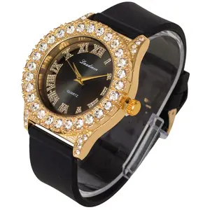 Iced Blinged Out Gold Silver Plated King Black Silione Band Luxury celebrity Shine Watch