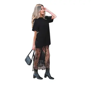 Women's Black Oversized Short Sleeve T-Shirt Maxi Lace Dress
