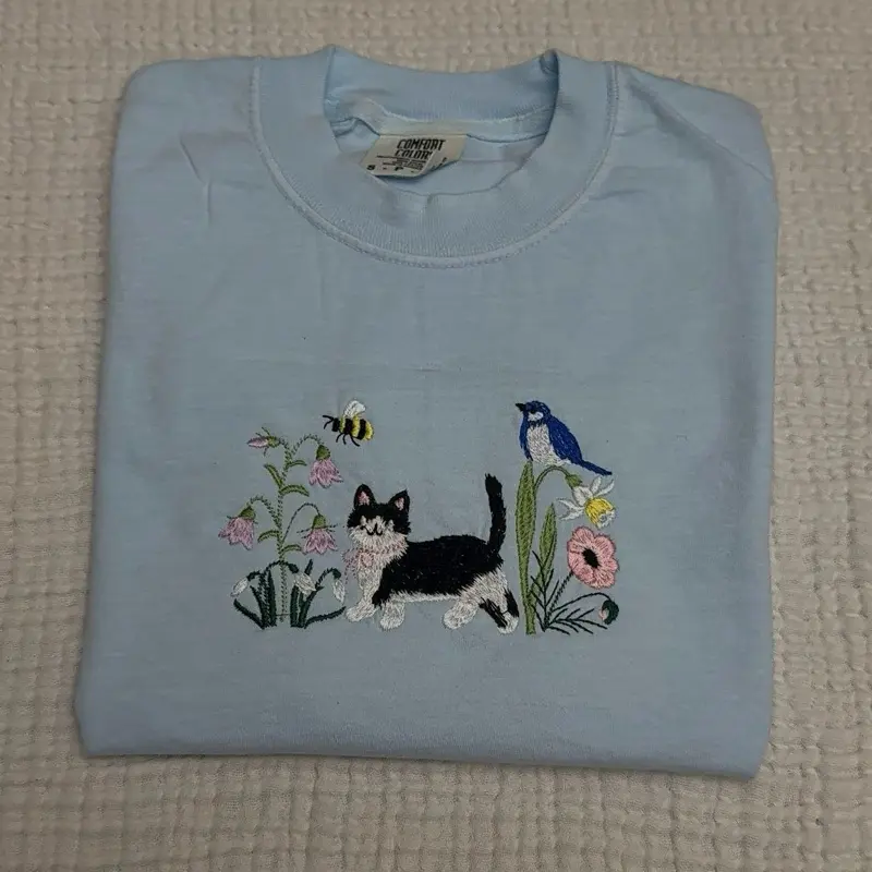 TUXEDO black and white cat Spring floral meadow cat dainty embroidered comfort colors shirt/ spring shirt/ comfort colors tee/ spring cat shirt