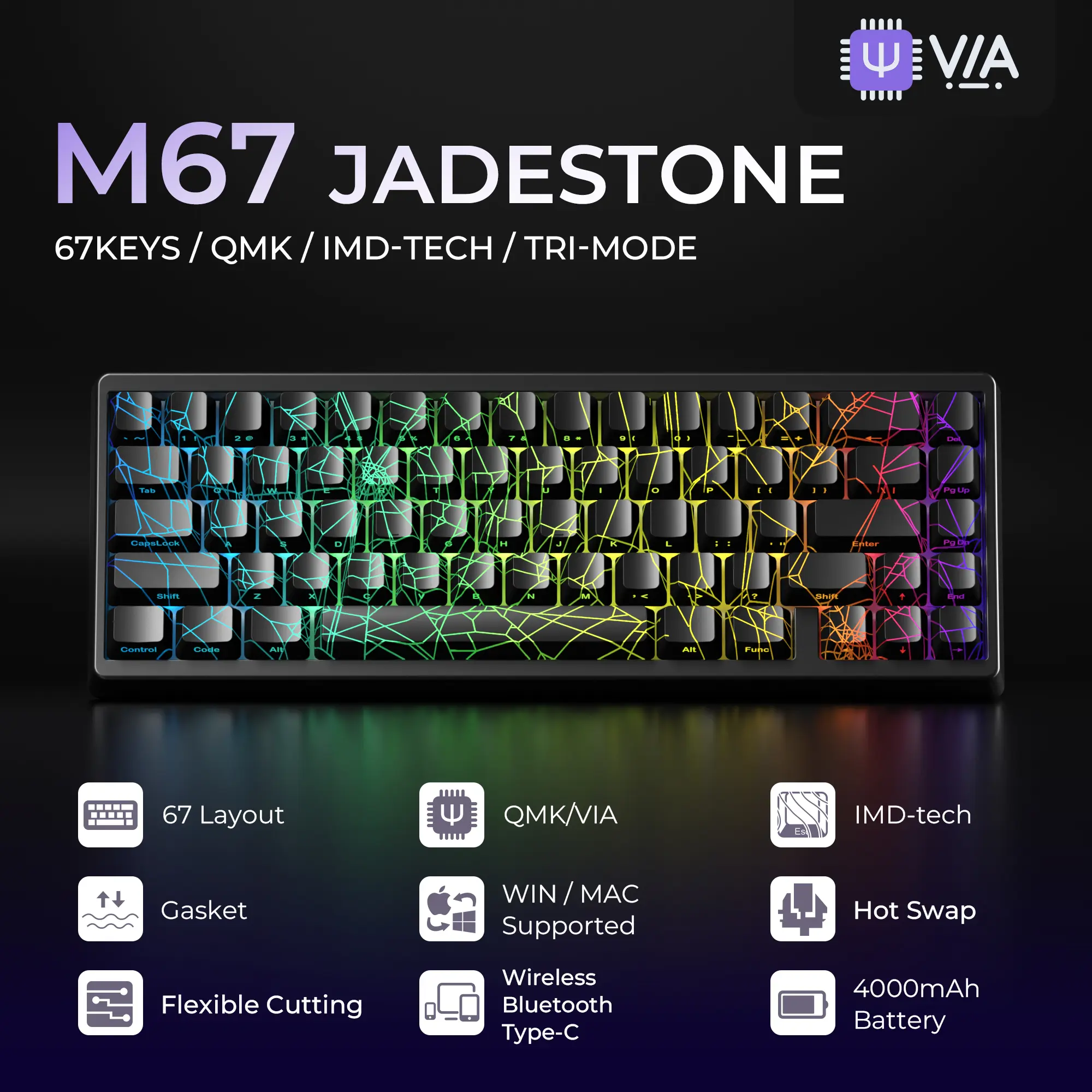 XVX M67 Tri-Mode Custom Mechanical Keyboard - Wireless, Spider Web Design, IMD-Tech Keycaps, QMK/VIA Gasket Mount, RGB Lighting, Hot Swappable, Bluetooth, Multi-Device, Works Across Windows and MacOS, Gaming Accessories, , PC Accessories