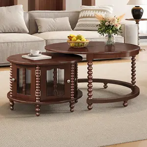 Vintage Round Nesting Coffee Table, Six Bamboo-shaped Decorative Glass Doors, Retro Beaded Legs, Walnut, 31.5"