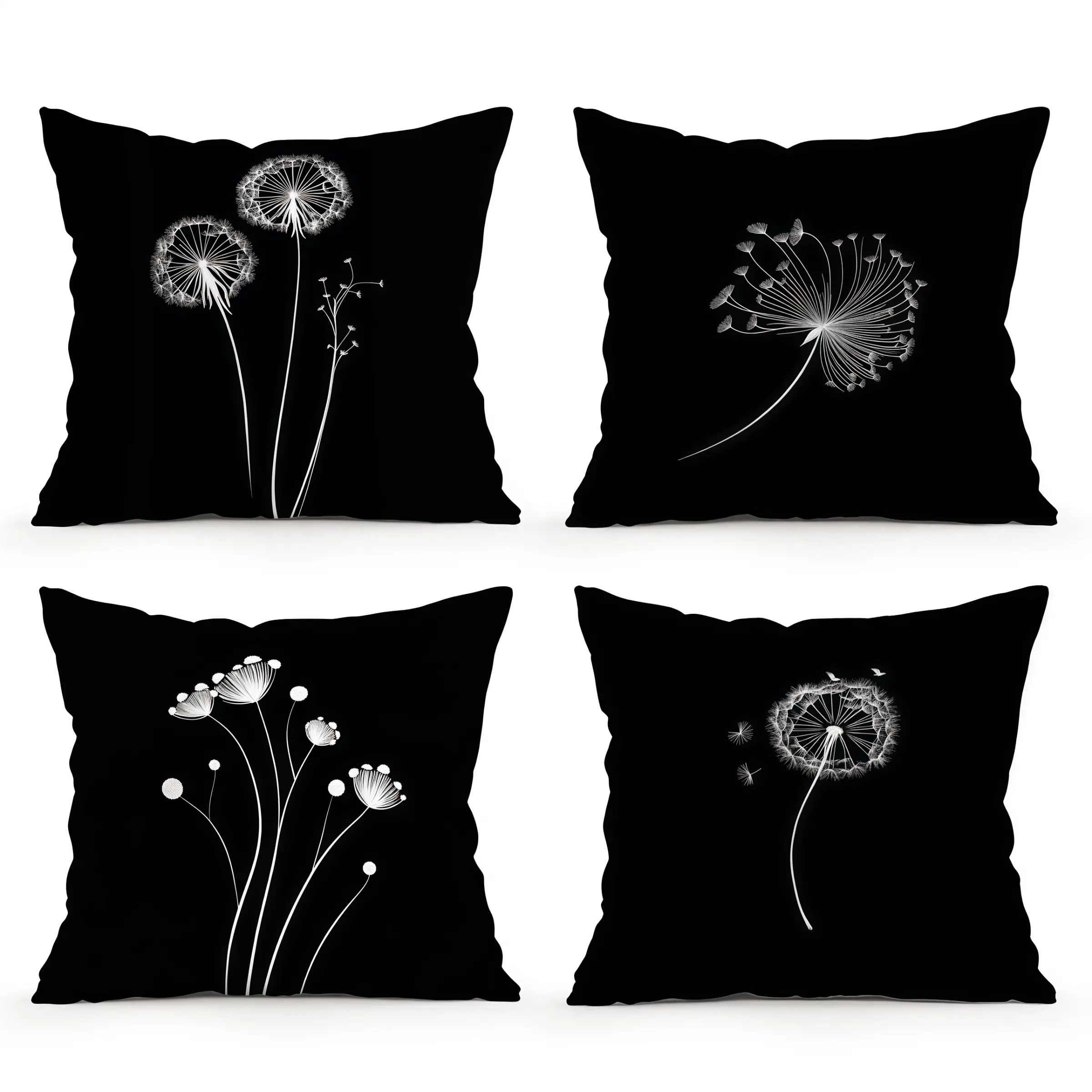 4pcs-Black and White Dandelion Themed Throw Pillow Covers, Home Spring Décor Products, Suitable Living Room, Bedroom, Sofa and Bed Decoration, 2D Flat, Single Sided Printing, No Pillow Core