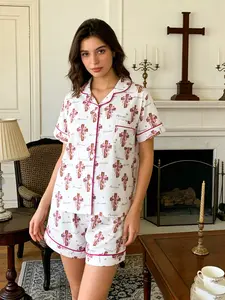 Women's Cross Bow Tie Sleepwear Set Two-Piece Pajama Set Lapel Button Top and Shorts Casual Fitted Home Wear Comfortable Outer Wearing Short Sleeve