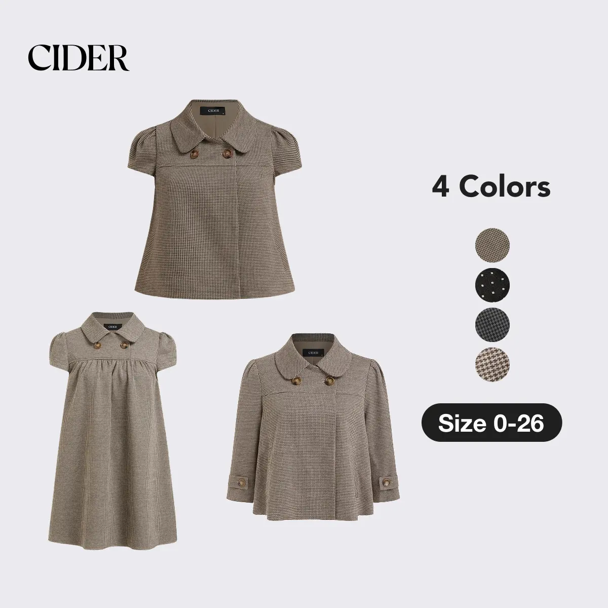 Cider Peter Pan Collar Houndstooth Button Short Sleeve Blouse