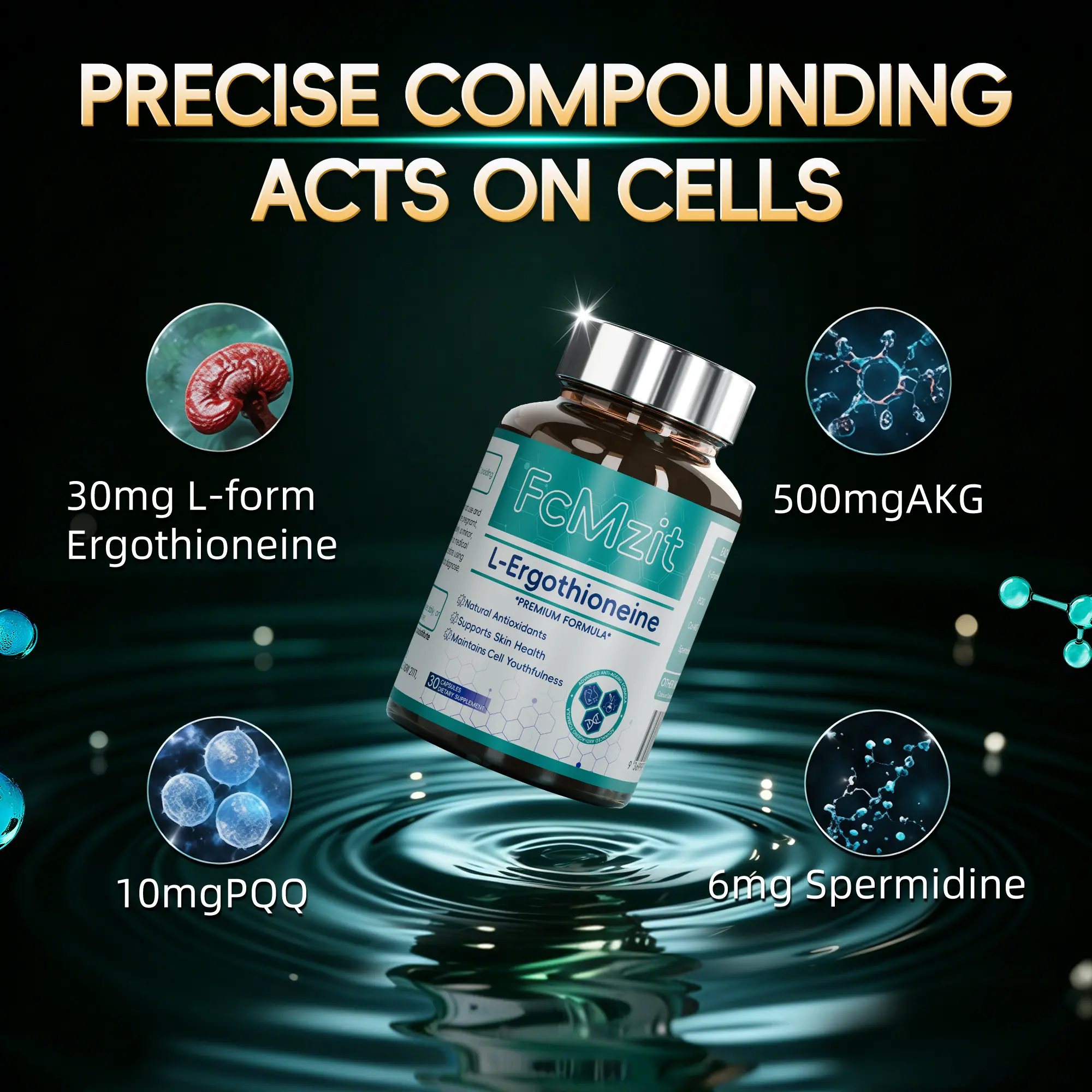 4-in-1 L-Ergothioneine Complex Anti-Aging Capsules - Natural Halal, Third Party Tested - Ergothioneine, AKG, PQQ, Spermidine - Cellular Support, Radiant Skin, Sustained Daily Energy, Oxidative Stress Reduction