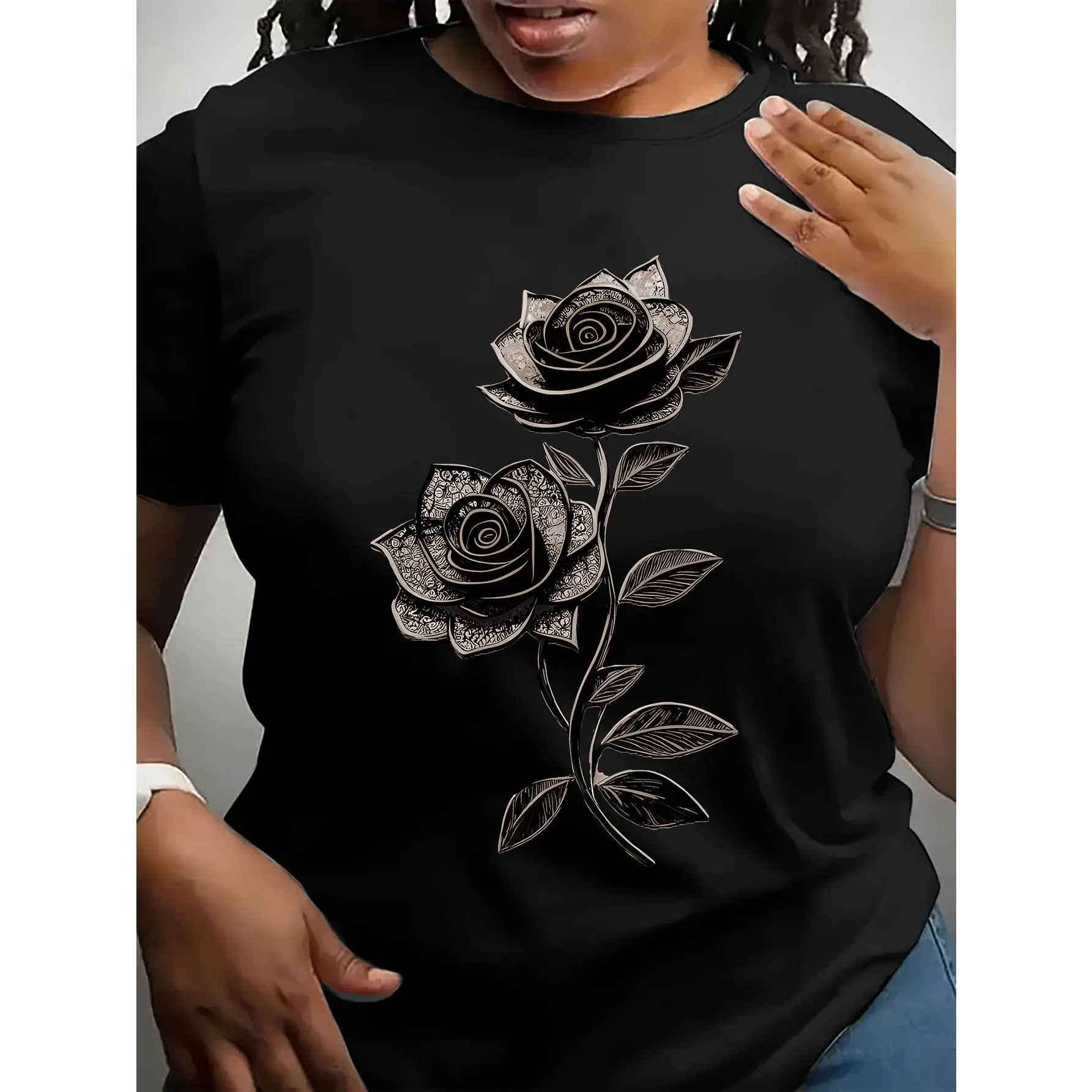 Lady's Delicate Rose Graphic Tee - Short-Sleeve Round Neck Summer Streetwear Top, Slim Fit Women's Casual T-Shirt, Shortsleeve, Tshirt, Fitted