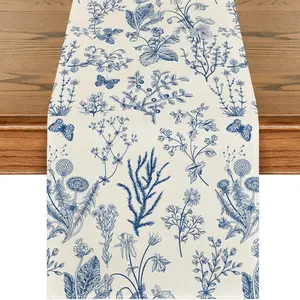 1 PC  Mode Blue Wild Flowers Floral Spring Table Runner,Seasonal Summer Kitchen Dining Table Decoration for Home Party Decor 13x72 Inch