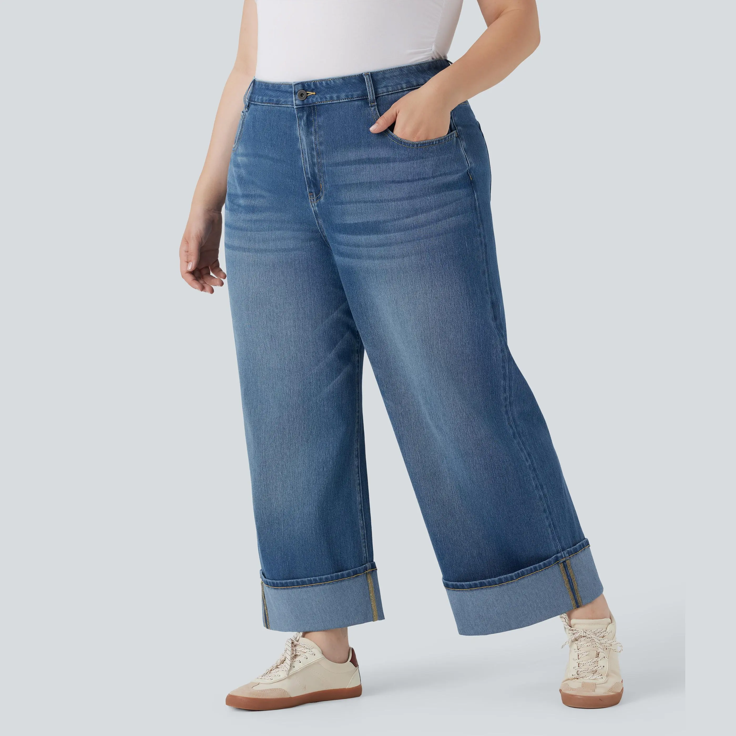 Halara Plus Size Halara Flex High Waisted Wide Leg Rolled Hem Washed Stretchy Knit Casual Jeans with Pockets