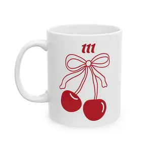 Novelty Reusable Coffee Mug - 111 Angel Number Glossy Ceramic Drinkware, 11oz-15oz White Kawaii Cup with Coquette Bow, Line Design, Washable Kitchenware for Tea, Fruit-Themed Mugs, Novelty Coffee Mug
