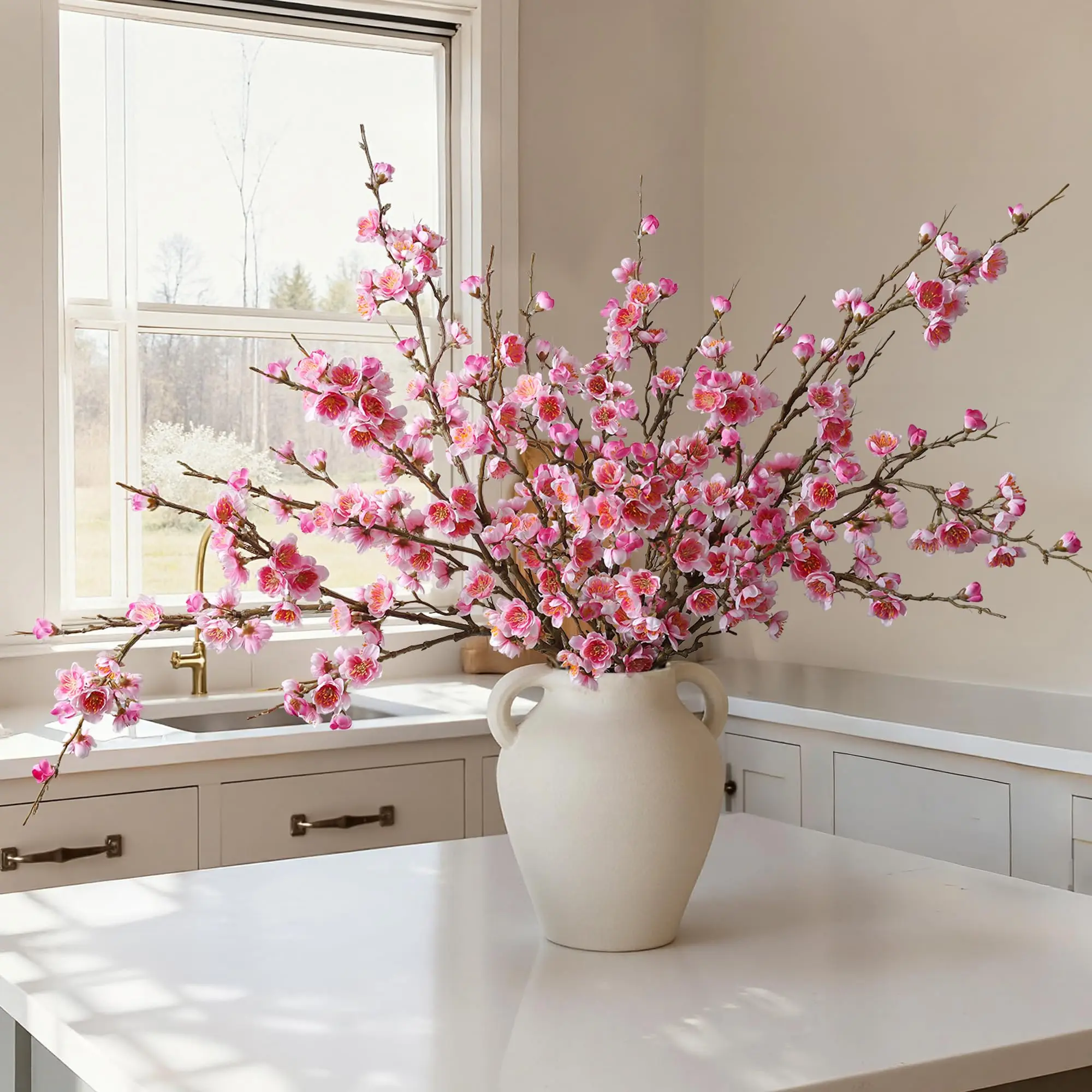 Ivydale florisso 6 PCS Artificial Cherry Blossom Branches Spring Indoor Decoration, Faux Flowers 34.45" Long Stems Plum Fake Peach Plants Real Touch Silk for Wedding Home Bedroom Party Table Office, Pink