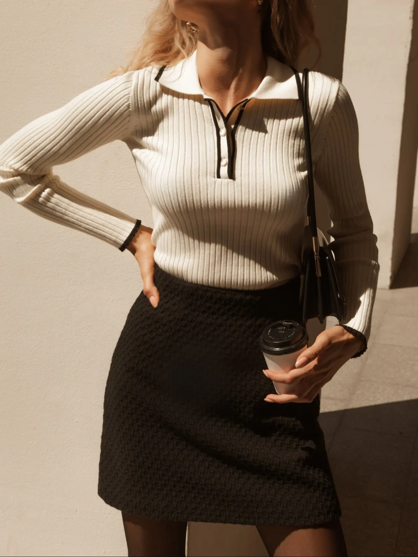 French Vintage Colorblock Polo Neck Knit Sweater, Patchwork Slim Striped Top, Casual Commuter Style Pullover