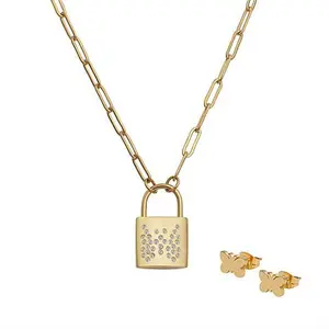 Stately Steel CZ Padlock Paperclip Necklace and Butterfly Earring Set