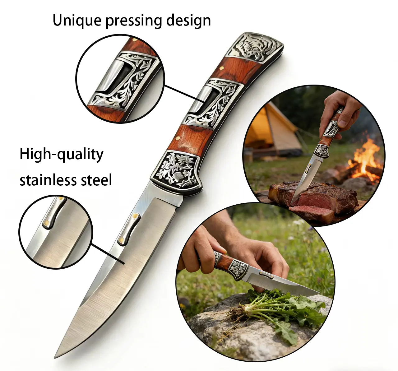 Vintage Folding Pocket Fruit Knife - 9cm High-Carbon Stainless Steel Blade, Ornate Silver Scrollwork Engraved Wood Handle, Compact Retractable Handle, B3159 EDC Tool for Adults Camping Bushcrafting Outdoor Tasks, Chef-Designed Collectible, Whittling, Peel