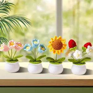 Handmade Crochet Bouquet Potted Flowers, Artificial Flower Potted Plant, Knitted Artificial Forever Flowers with Exquisite Pot Decor Decorative Fruit Decoration Gift Ornaments