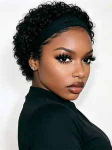 headband wig natural black color pixie cut Adjustable Human Hair wigs for women daily party cosplay gift use short curly wave human hair wig machine made Kinky Curly Wig