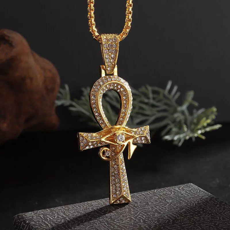 Men's Iced Out Ankh Cross & Eye of Horus Necklace, Hip Hop Cubic Zirconia Pendant with 24-Inch Rope Chain, Everyday Wear