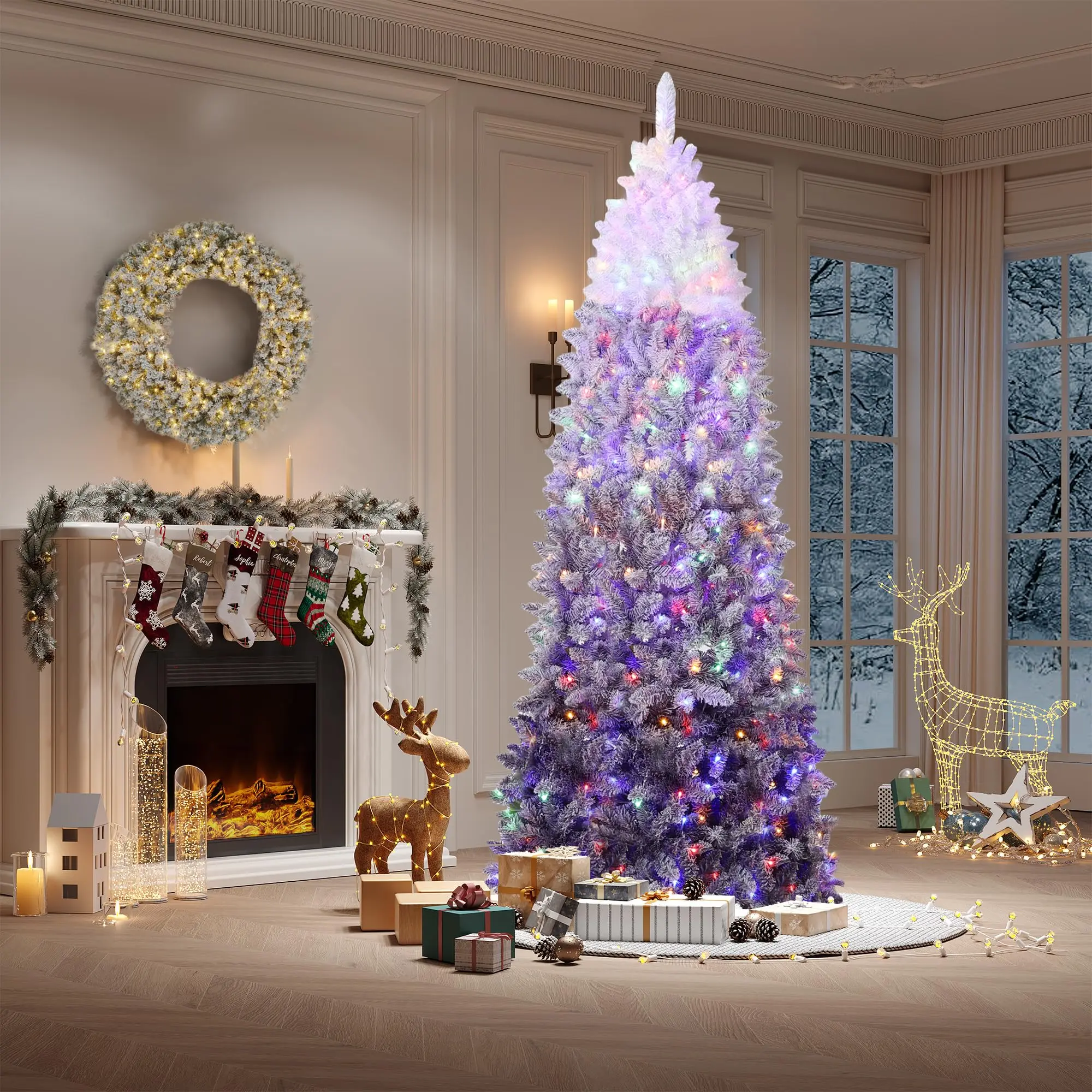 7.5Ft Pencil Christmas Tree Artificial Slim Xmas Trees Skinny Christmas Tree Decorations Fake Flockeds, White & Purple Gradient Metal Room Ornaments